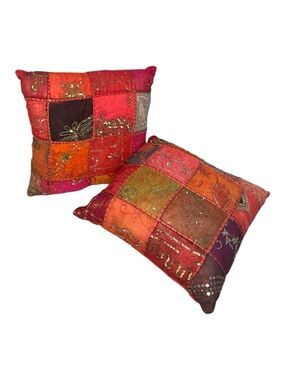 Embroidered Patchwork Decorative Throw Pillow Pair - Vibrant Red & Orange